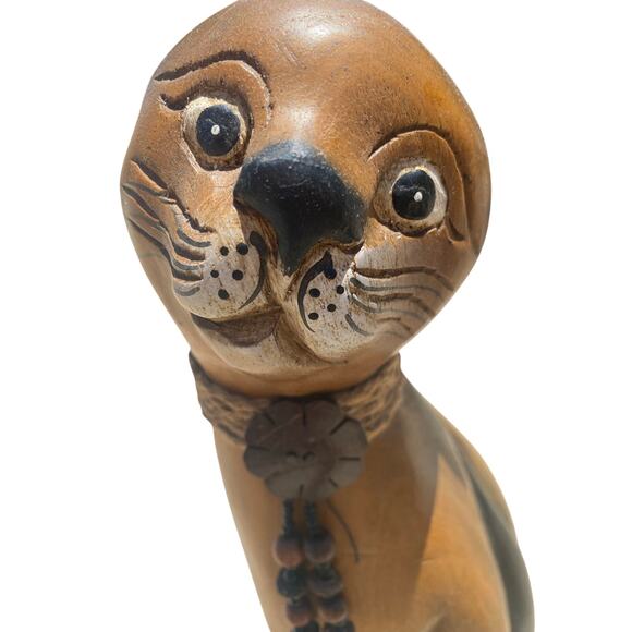 Vintage Hand Carved Cat Statue Art Sculpture Beaded Collar 16” - Picture 6 of 6